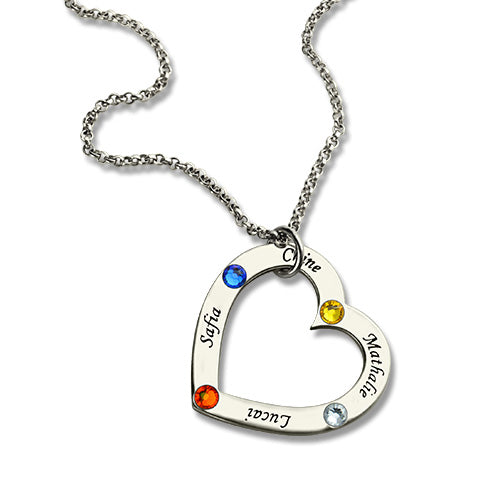 Mother's Heart Necklace with 4 Names & Birthstones Sterling Silver