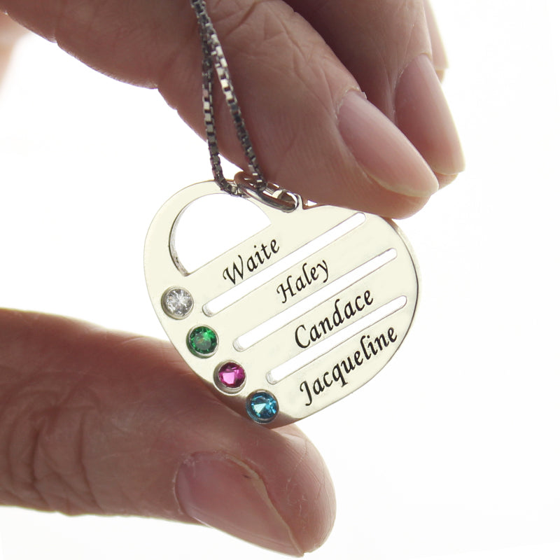 Collana personalizzata a forma di cuore per la mamma con 4 pietre portafortuna e nomi 