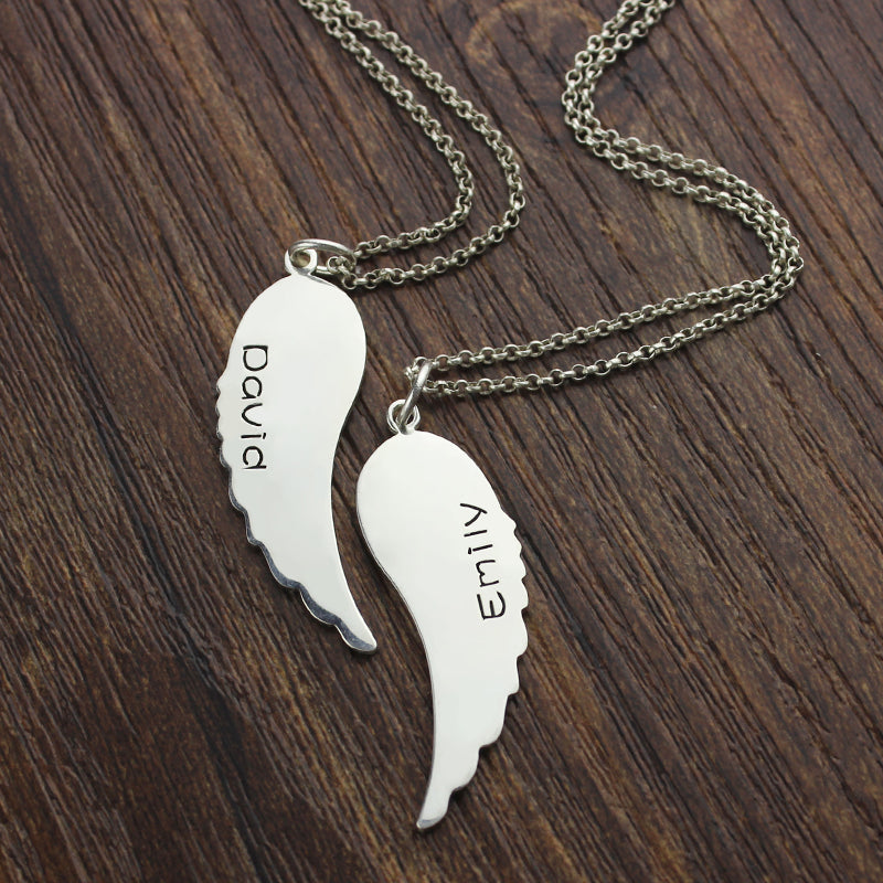 Custom Cute His and Her Angel Wings Necklaces Silver