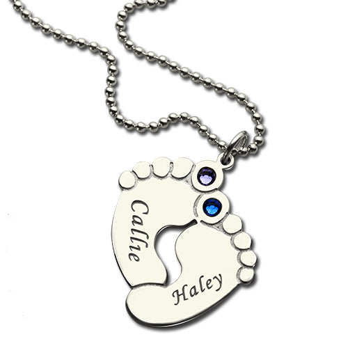 Personalized Baby Feet Name Necklace with Birthstone Silver