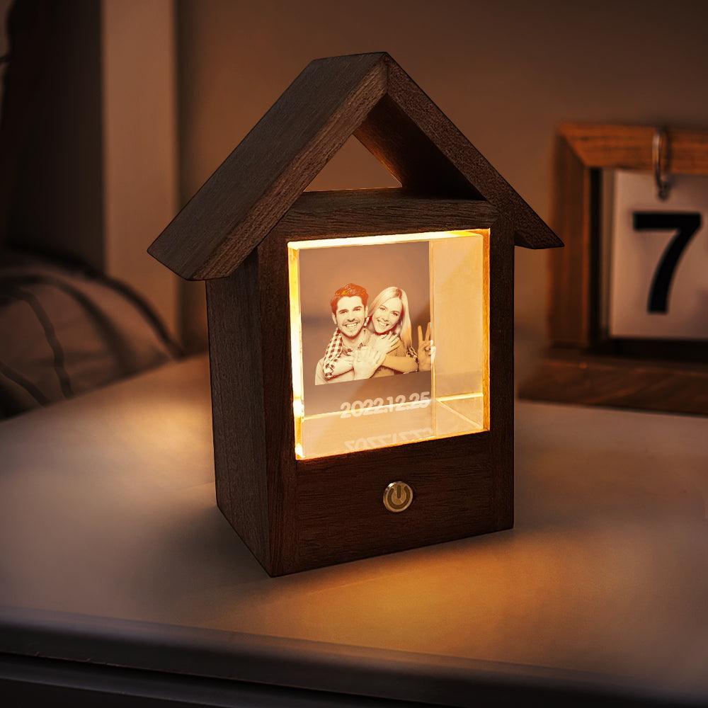 Lampada fotografica in cristallo 3D personalizzata, luce notturna per casa in legno