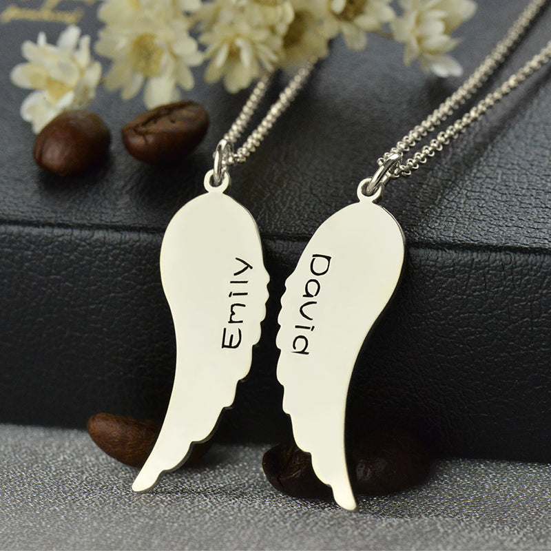 Custom Cute His and Her Angel Wings Necklaces Silver