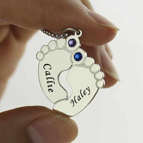 Collana personalizzata con nome piedini bambino con pietra portafortuna in argento