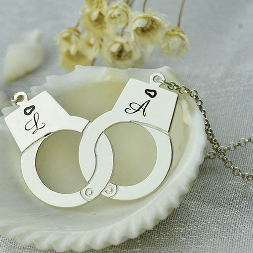 Initial Handcuff Necklace For Couple Sterling Silver