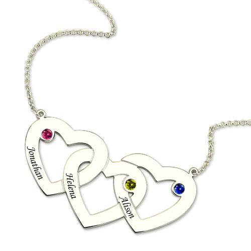 Intertwined 3 Hearts & Birthstones Name Necklace