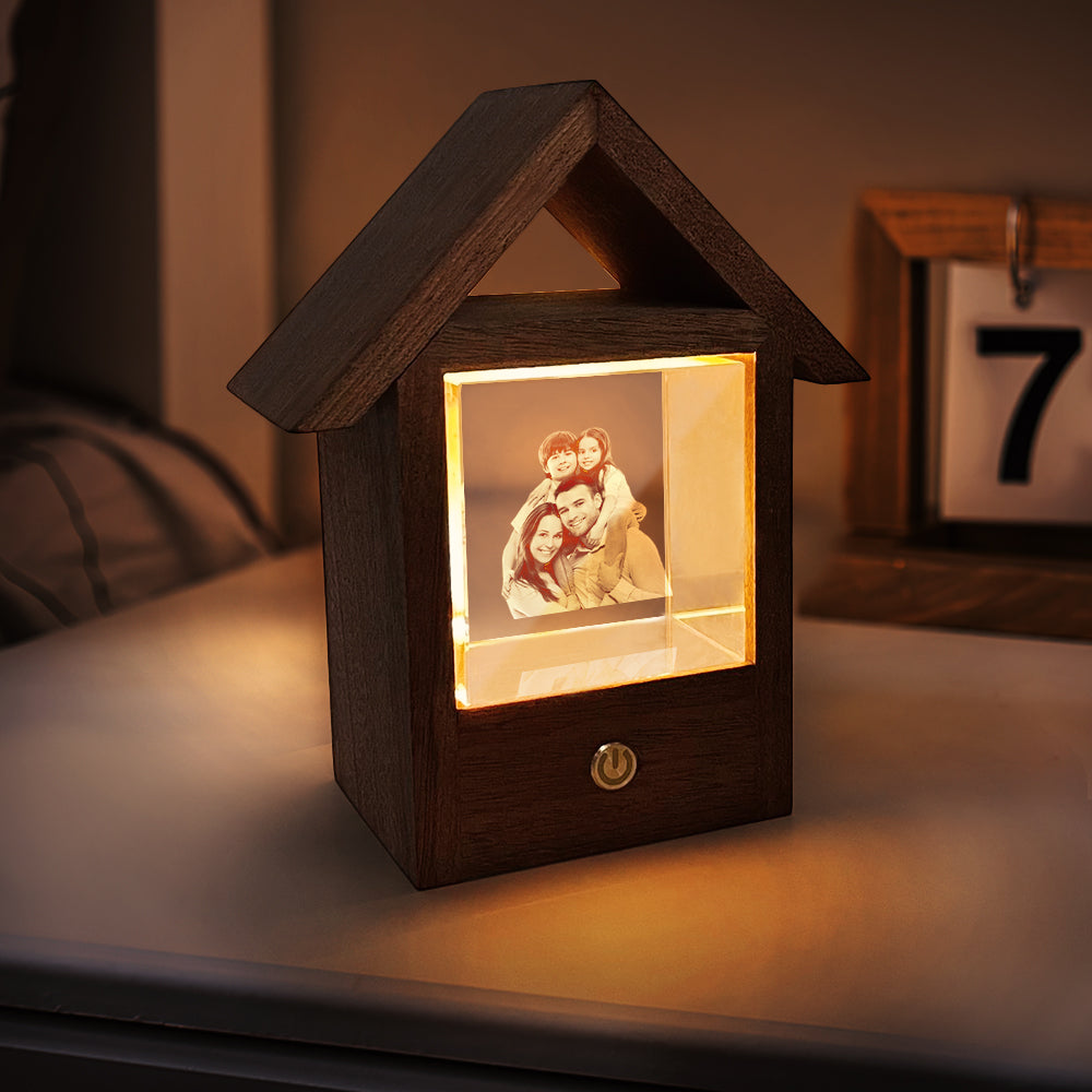 Lampada fotografica in cristallo 3D personalizzata, luce notturna per casa in legno