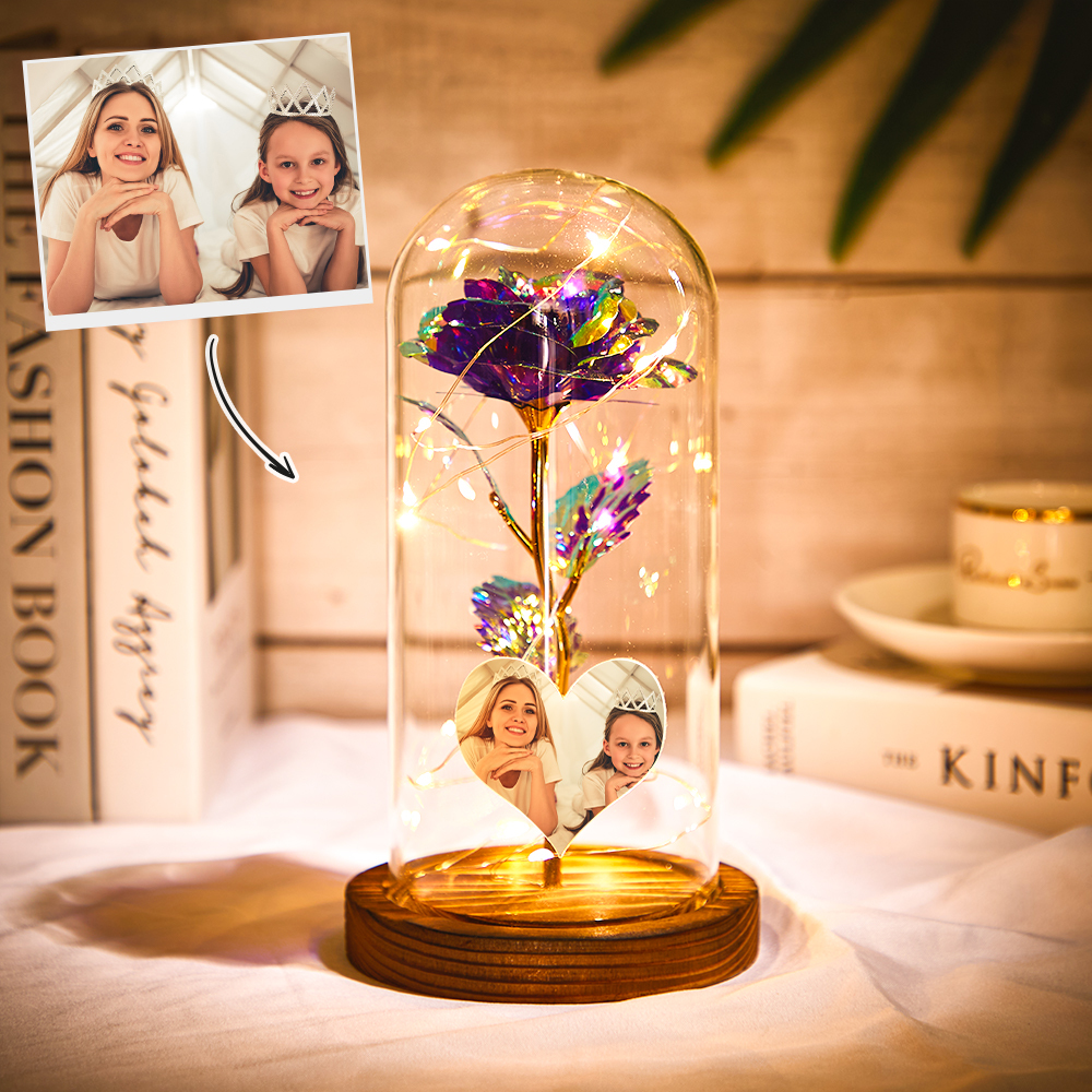 Custom Heart-Shaped Photo Colorful Simulation Eternal Rose Flower LED Night Light Forever Roses In Glass Dome