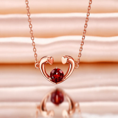 Red Garnet Heart Necklace In Rose Gold 18" Chain