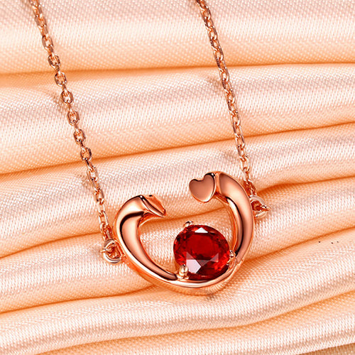 Red Garnet Heart Necklace In Rose Gold 18" Chain