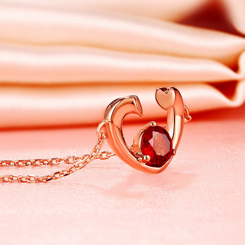 Red Garnet Heart Necklace In Rose Gold 18" Chain