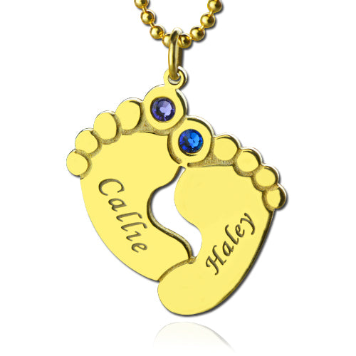 Personalized Baby Feet Name Necklace with Birthstone Silver