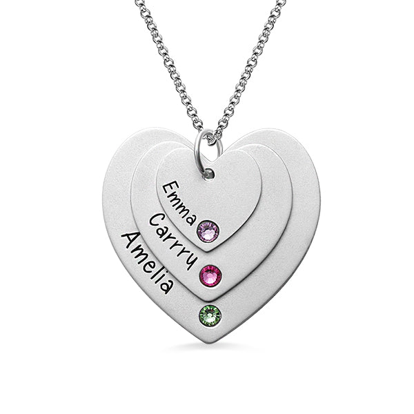 Collana con nome a triplo cuore e pietre portafortuna in argento sterling