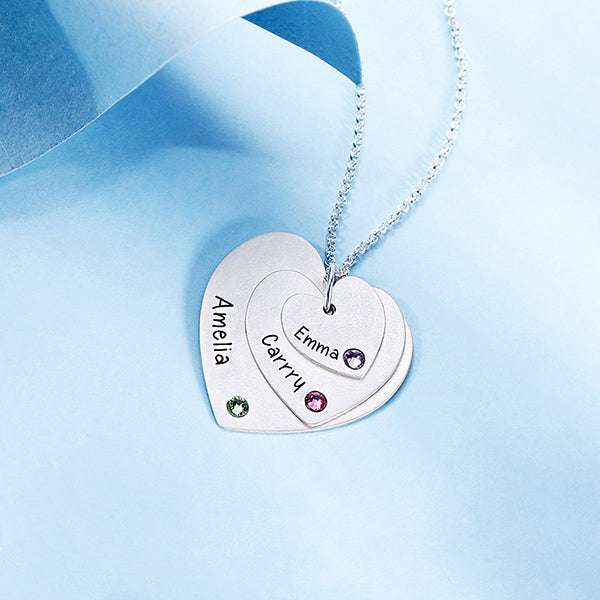 Triple Heart Name Necklace With Birthstones Sterling Silver