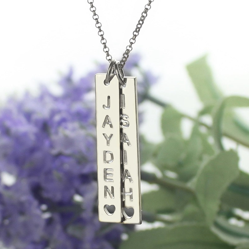 Personalized Vertical Bar Couple Necklace With Cut Out Name