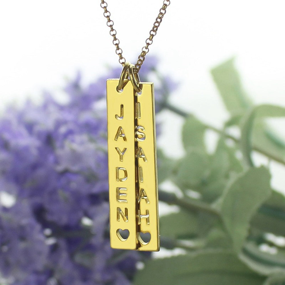 Personalized Vertical Bar Couple Necklace With Cut Out Name