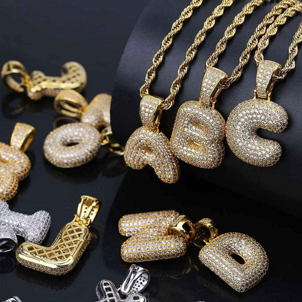 Custom Hip Hop Bubble Letter Necklace Initial Iced Out Pendant Necklace Full Birthstone