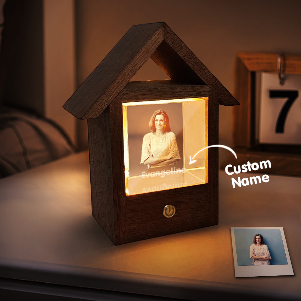 Lampada fotografica in cristallo 3D personalizzata, luce notturna per casa in legno