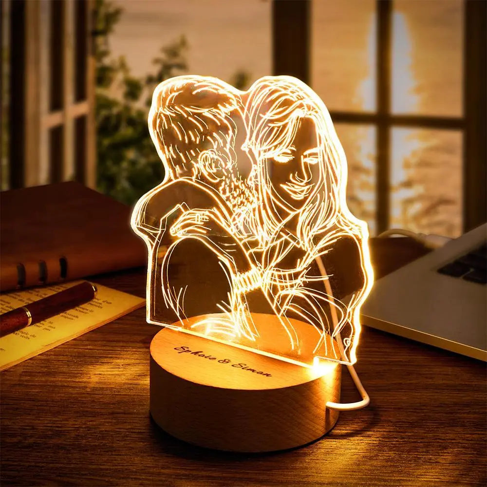 Lampada fotografica 3D in acrilico personalizzata con luci notturne a LED con base in legno