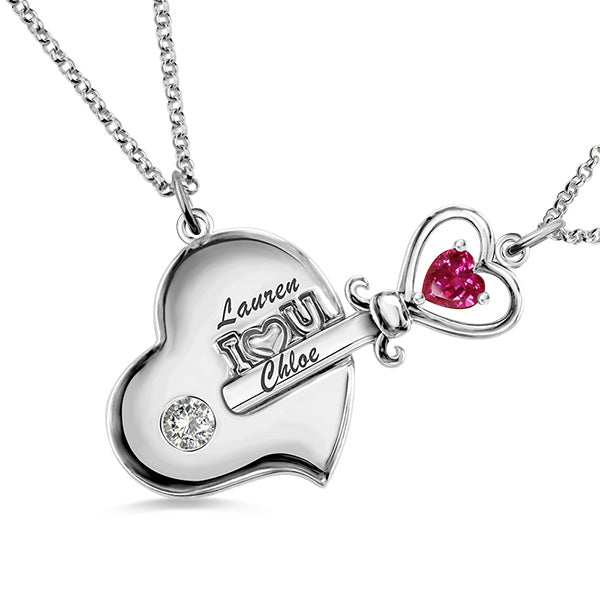 Key to My Heart Birthstone Necklace For Mother And Daughter In Platinum Plated