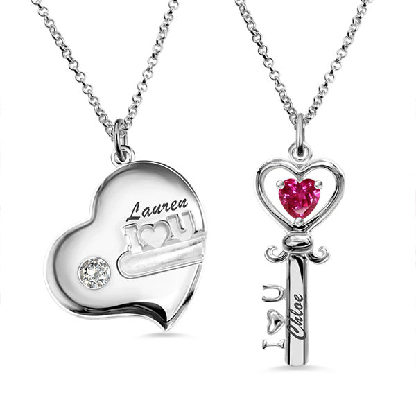 Key to My Heart Birthstone Necklace For Mother And Daughter In Platinum Plated