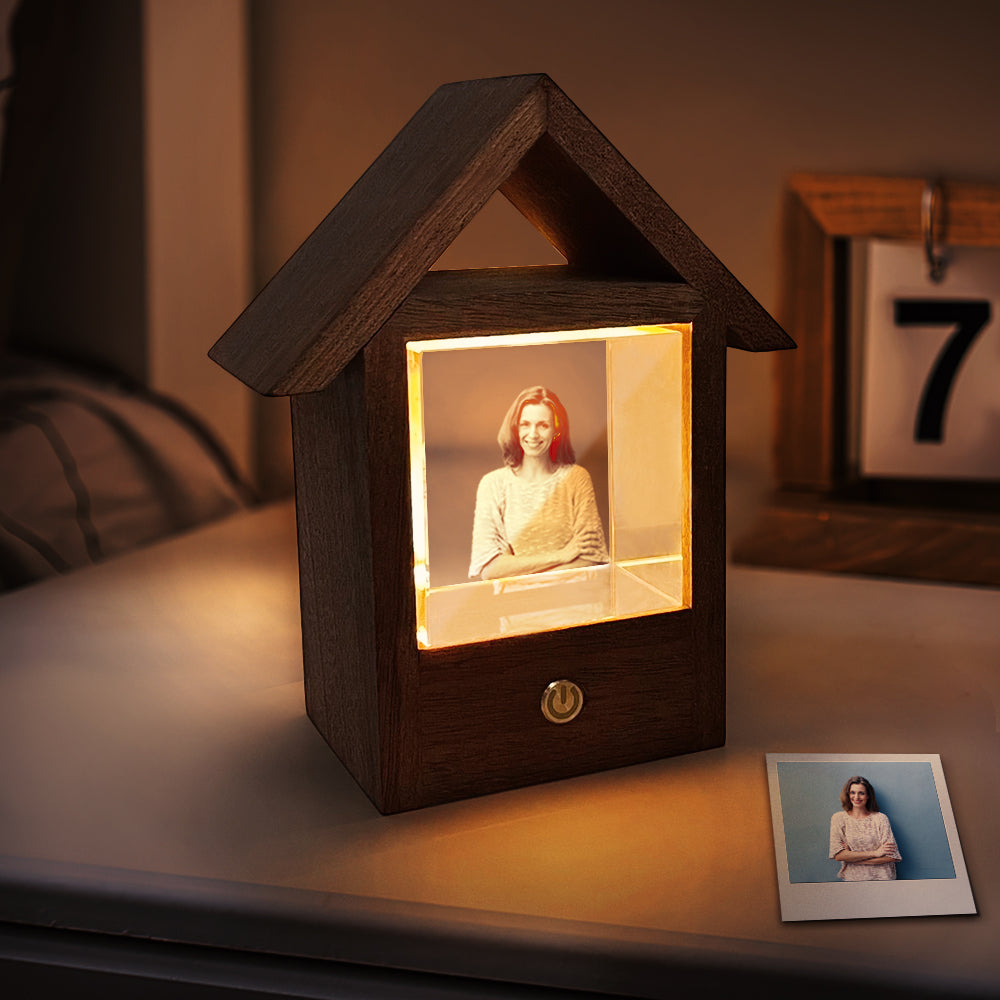 Lampada fotografica in cristallo 3D personalizzata, luce notturna per casa in legno