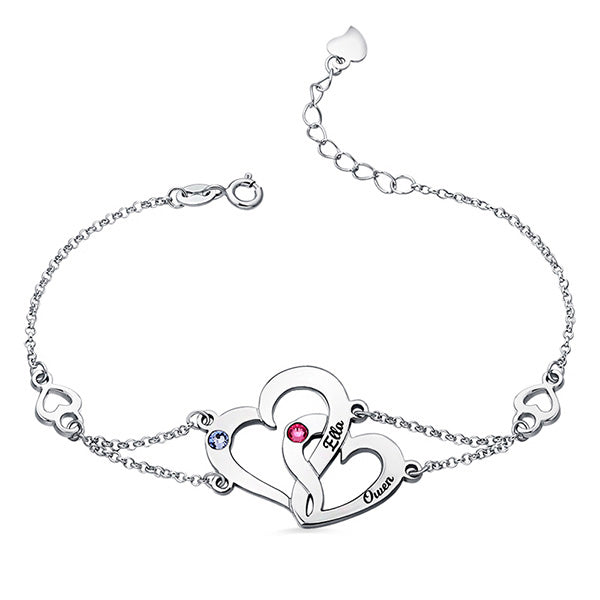 Engraved Interlocking Heart Birthstones Bracelet