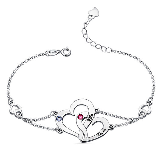 Engraved Interlocking Heart Birthstones Bracelet