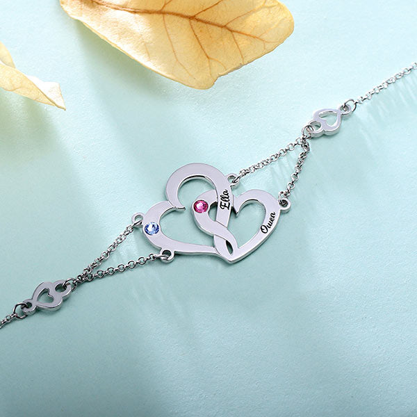 Engraved Interlocking Heart Birthstones Bracelet