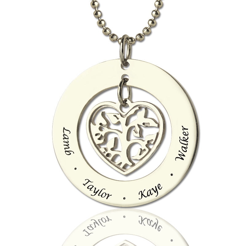 Collana con ciondolo a forma di cuore e cerchio con nome dell'albero genealogico in argento sterling