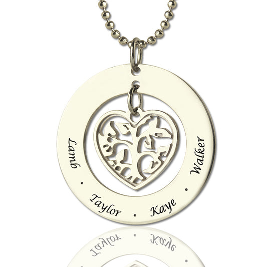 Heart Charm Circle Family Tree Name Necklace Sterling Silver