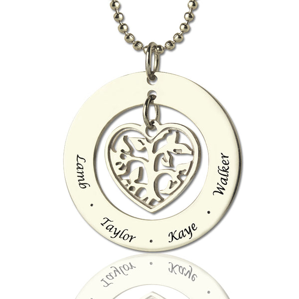 Collana con ciondolo a forma di cuore e cerchio con nome dell'albero genealogico in argento sterling