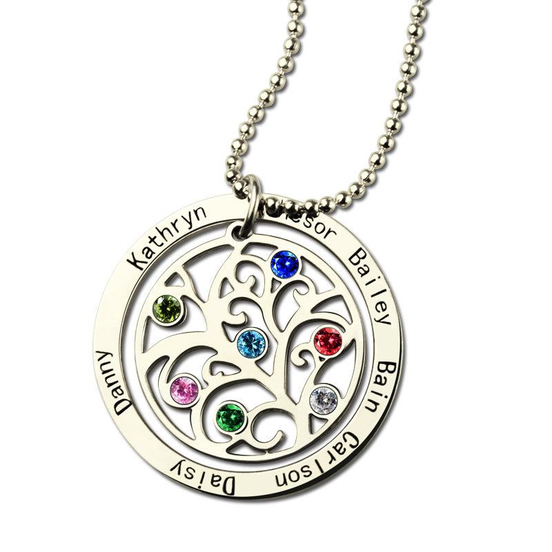 Personalized Circle Family Tree Birthstone 7 Names Necklace