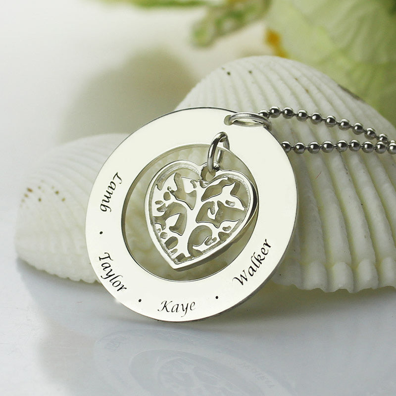 Collana con ciondolo a forma di cuore e cerchio con nome dell'albero genealogico in argento sterling