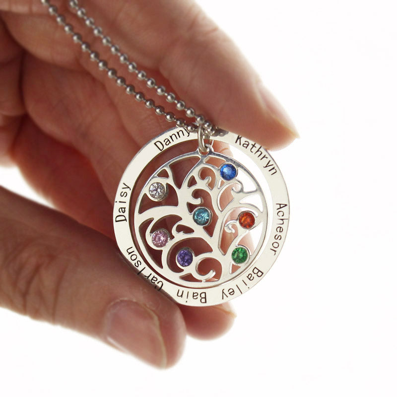 Personalized Circle Family Tree Birthstone 7 Names Necklace