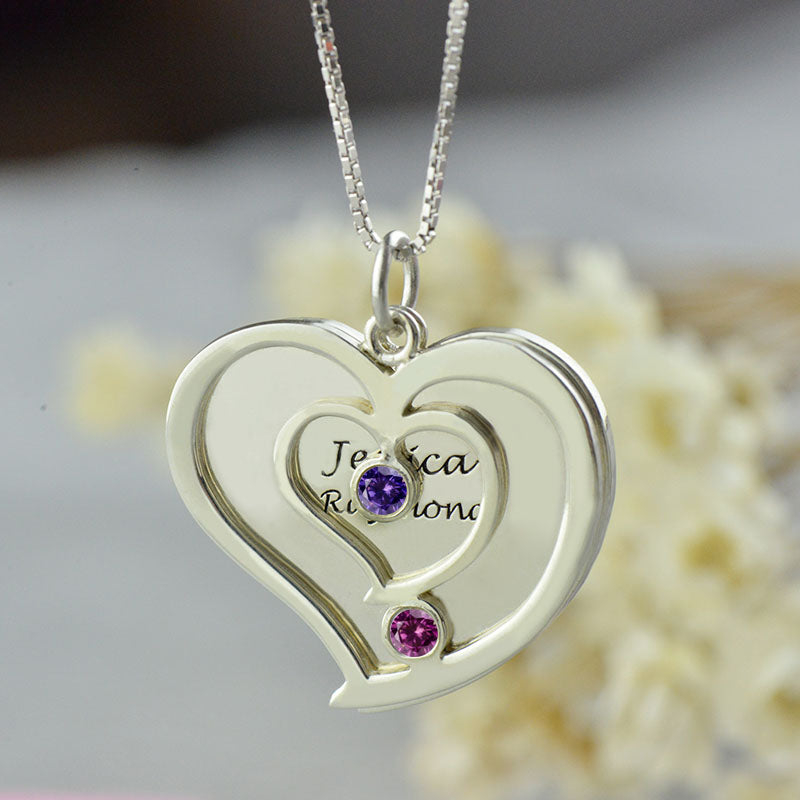 Personalized Couples Birthstone Heart Name Necklace