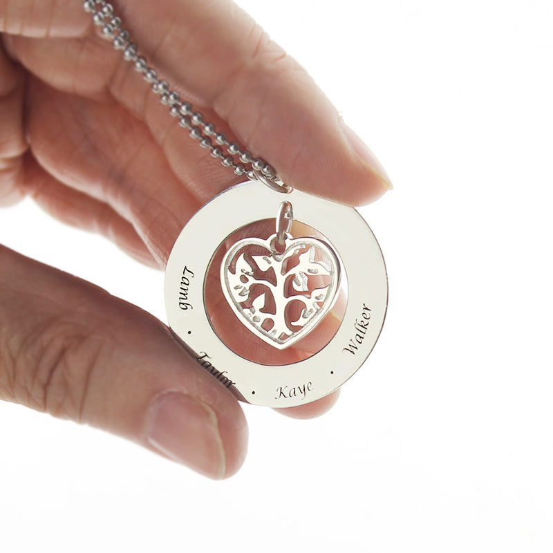 Collana con ciondolo a forma di cuore e cerchio con nome dell'albero genealogico in argento sterling