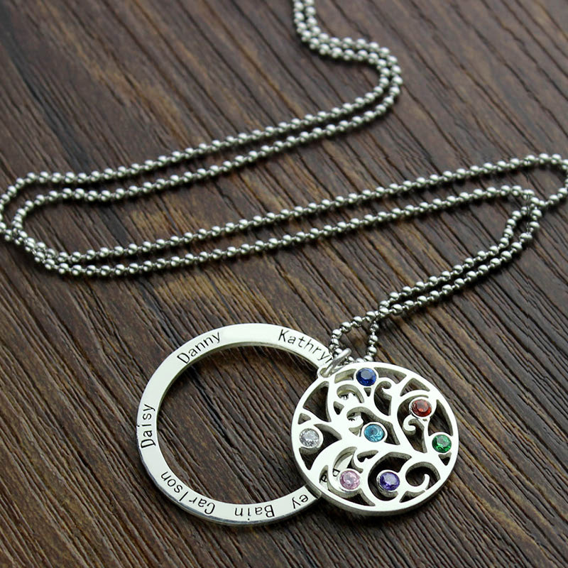 Personalized Circle Family Tree Birthstone 7 Names Necklace