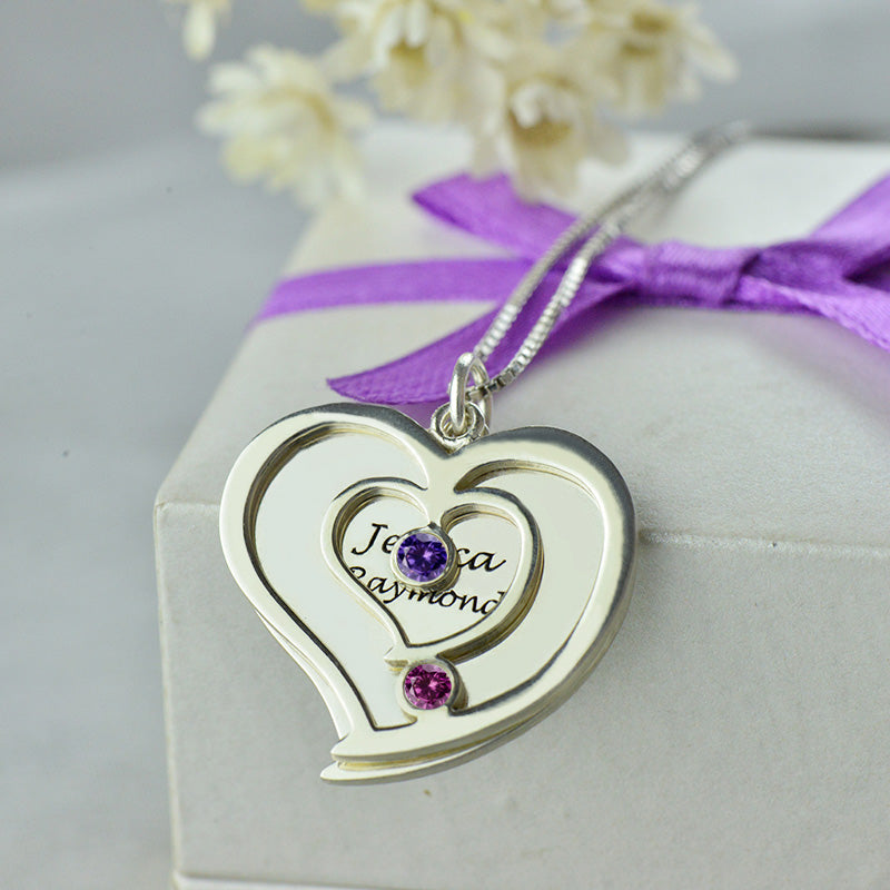 Personalized Couples Birthstone Heart Name Necklace