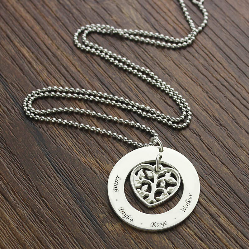 Collana con ciondolo a forma di cuore e cerchio con nome dell'albero genealogico in argento sterling